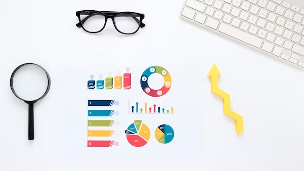 Colorful pie graphs and charts with eyeglasses, magnifying glass, and yellow arrow.